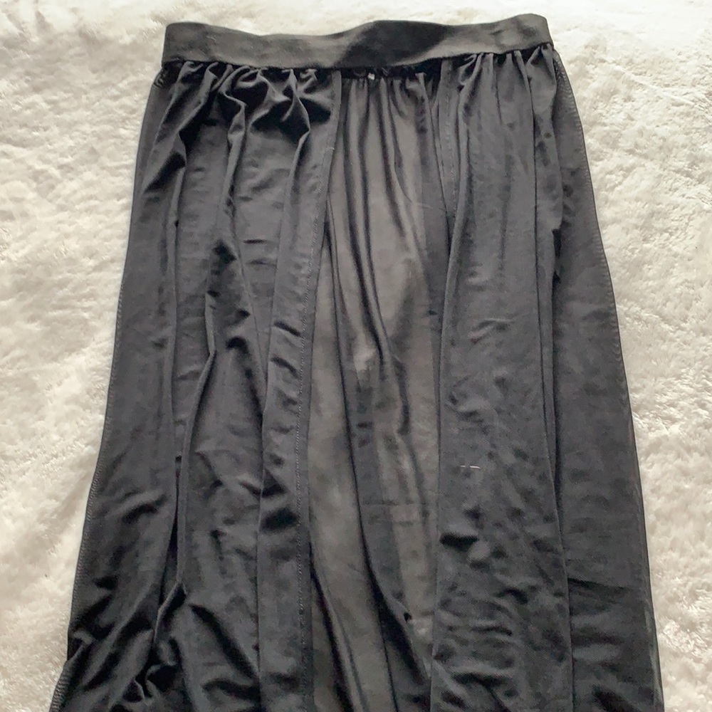 ankle length black mesh skirt with center slit